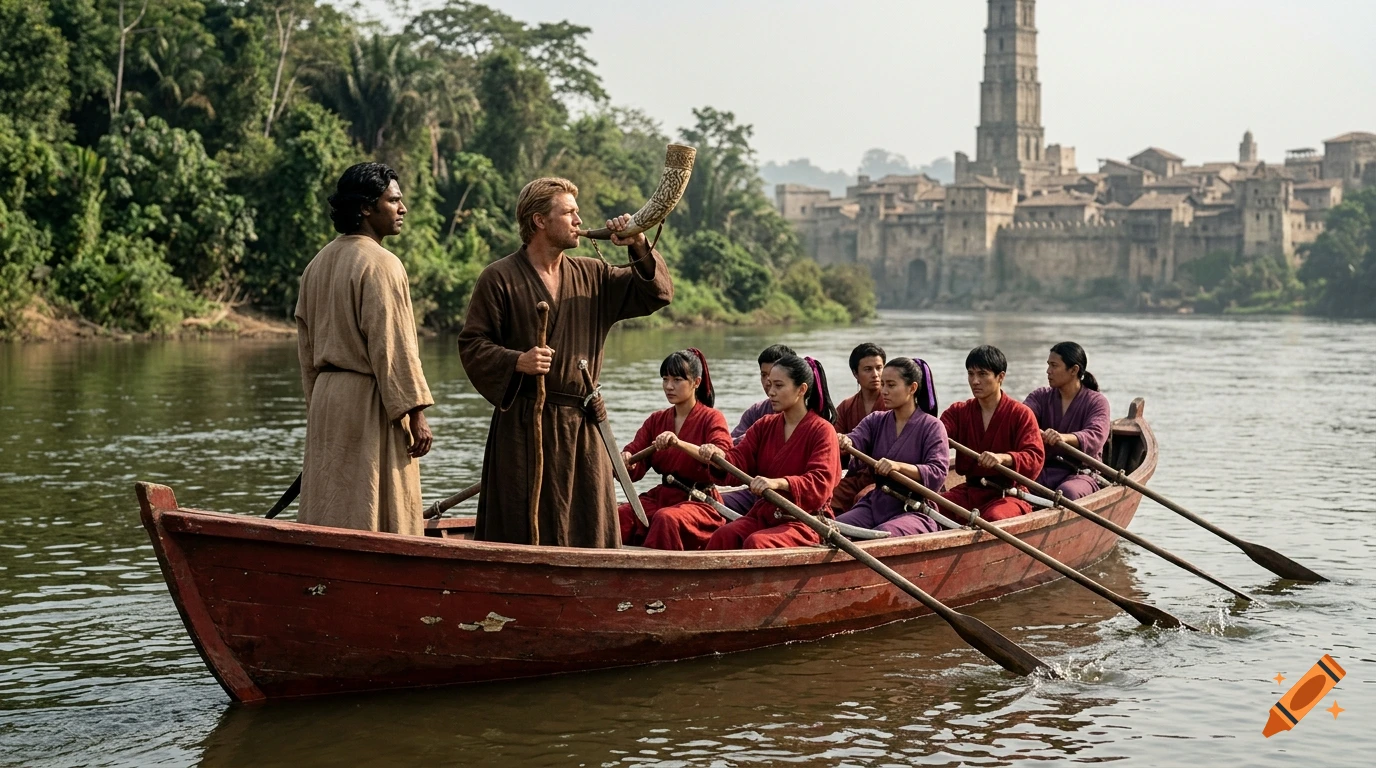 A group of people in traditional attire ride a wooden boat on a river, with one person blowing a horn, approaching a walled city by the water.