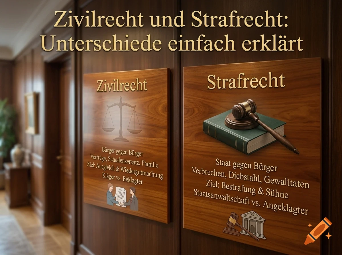 An informative graphic in German comparing civil law and criminal law, displayed on wooden panels inside a wood-paneled room.