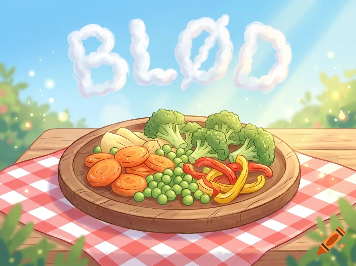 A wooden platter of sliced carrots, broccoli florets, peas, and bell pepper strips rests on a red-and-white checkered picnic blanket, with cloudy letters spelling out words in the blue sky above.