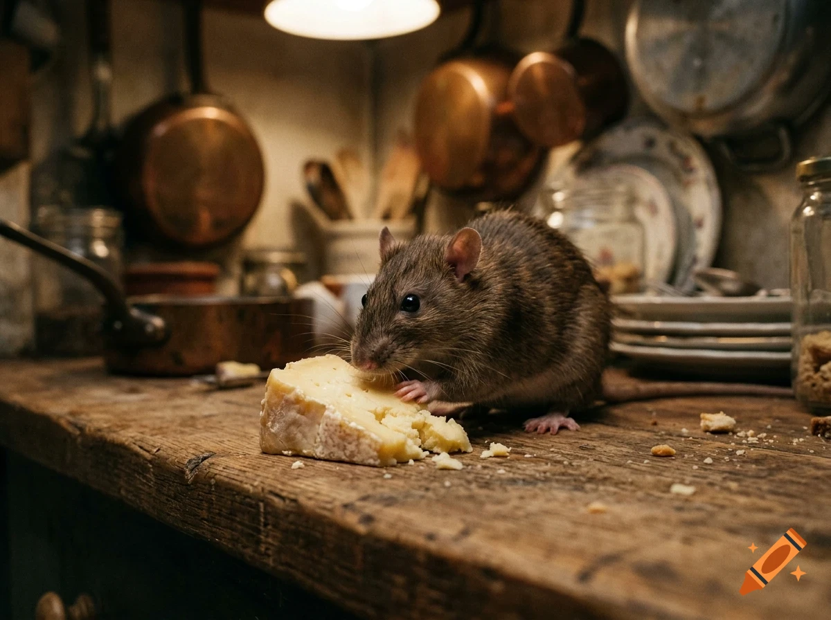 A rat eating a piece of cheese on a rustic wooden kitchen counter, with copper pans and cookware in the background.