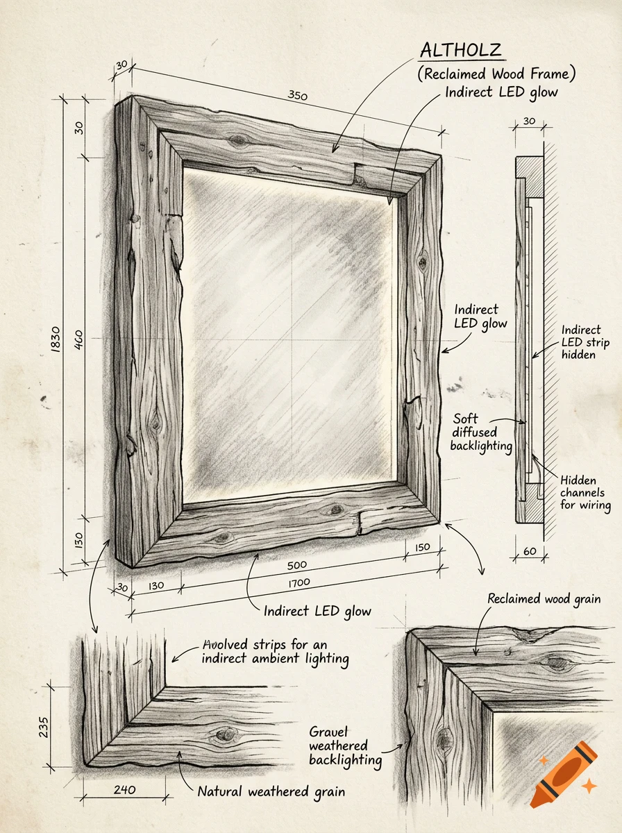 An architectural and technical sketch of a wooden framed mirror with dimensions and LED lighting details.