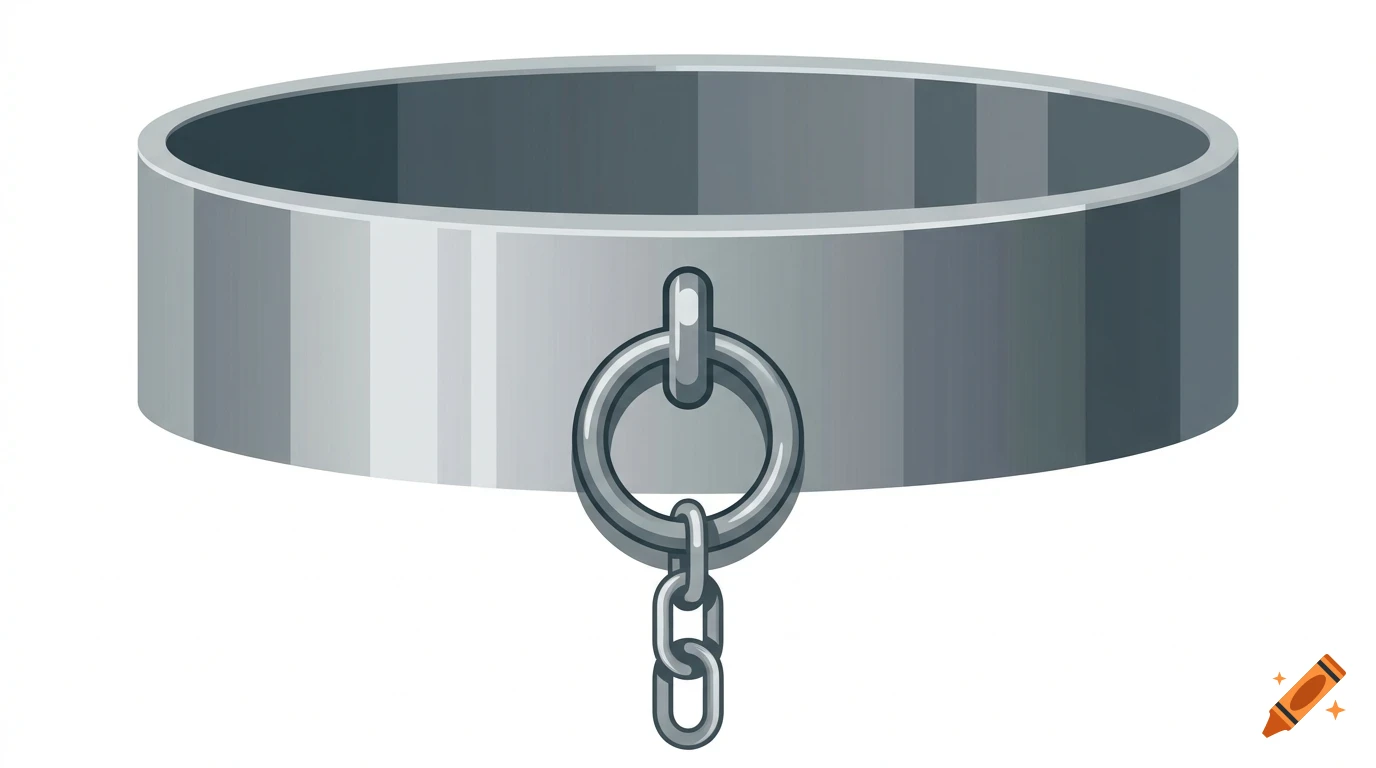 A metallic grey collar with an attached ring and short chain hanging down against a plain background.