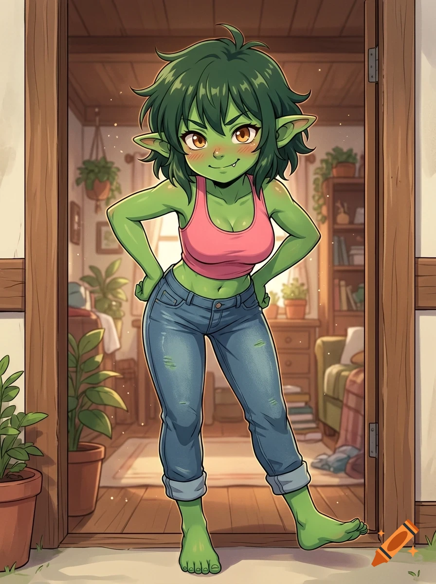 An anime-style illustration of a green-skinned goblin girl standing in a doorway, wearing a pink crop top and blue jeans.