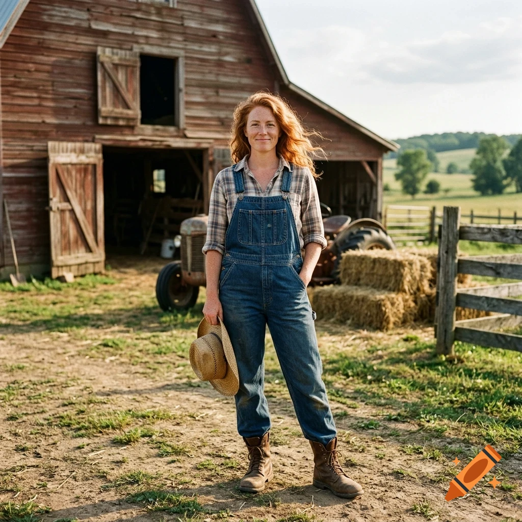 A woman with red hair wearing denim overalls and holding a straw hat stands outside a rustic red barn on a farm.