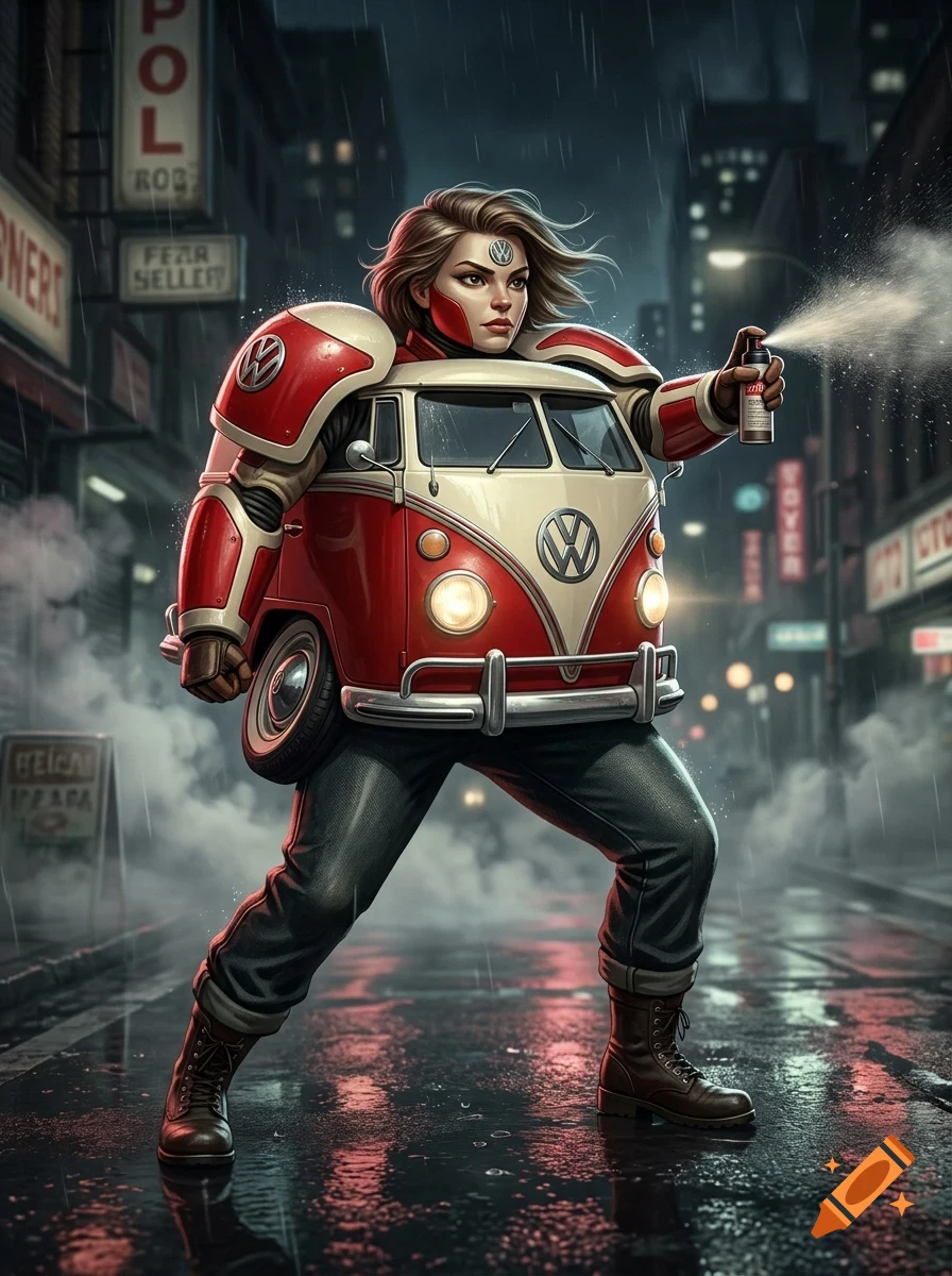 A woman wearing armor styled like a classic Volkswagen van, holding a spray can, standing on a rainy city street at night.