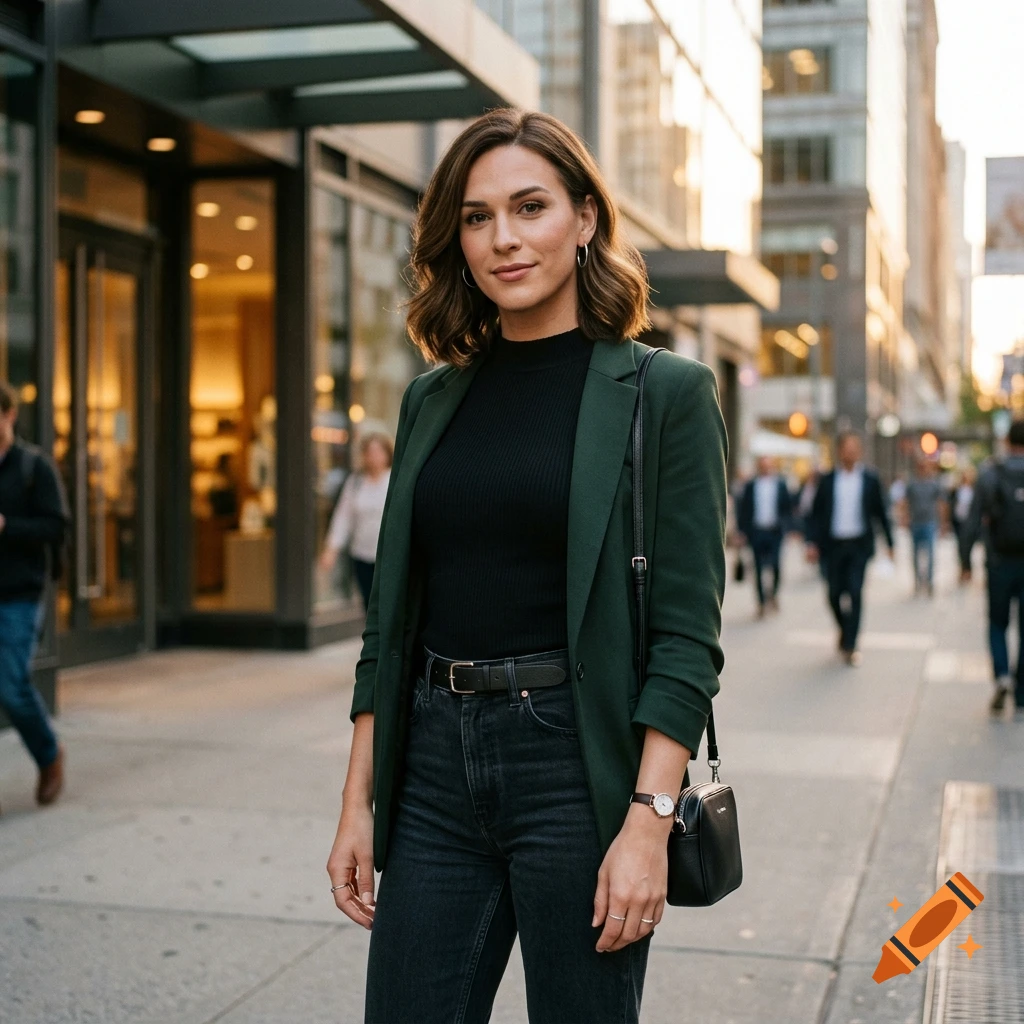 A woman with medium-length brown hair stands on a city sidewalk, wearing a dark green blazer, black top, and jeans.