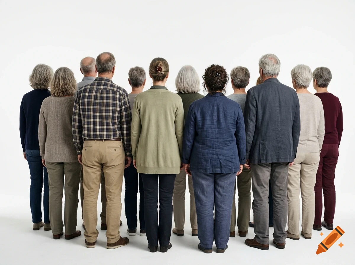 A group of people of various ages and genders standing together facing away from the camera against a plain white background.