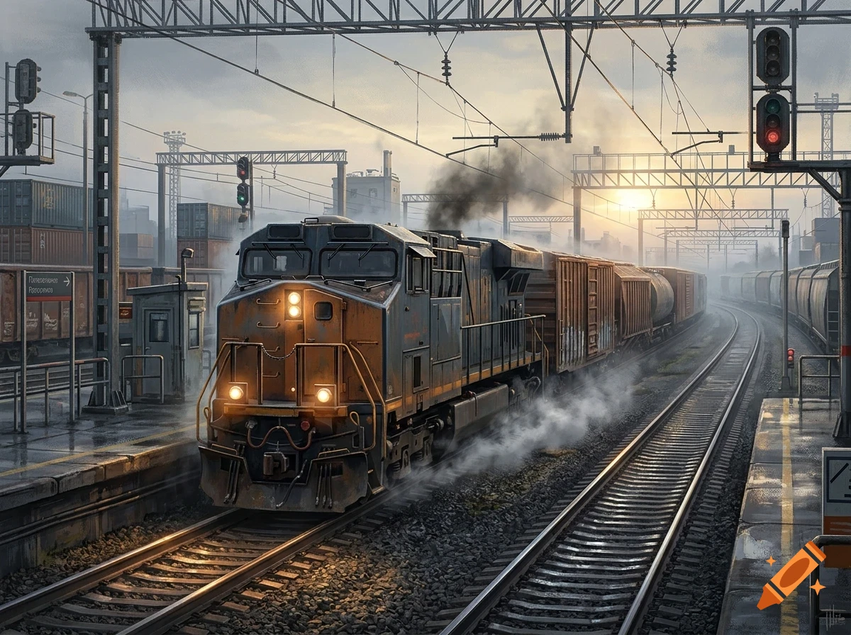 A diesel freight train pulls a long line of cargo cars along a set of railroad tracks at a station during a hazy sunrise.
