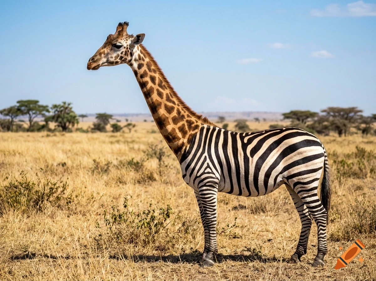 A surreal digital composition featuring a single animal with the head and neck of a giraffe and the striped body of a zebra, standing in a grassy savanna landscape.