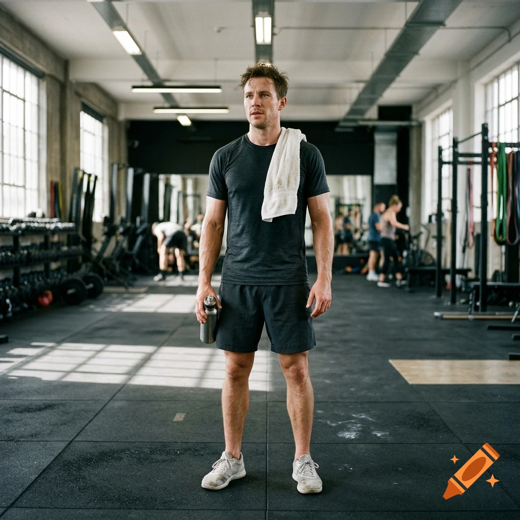 Photorealistic image of a professional male athlete standing in a gym, holding a water bottle with a towel around his neck.