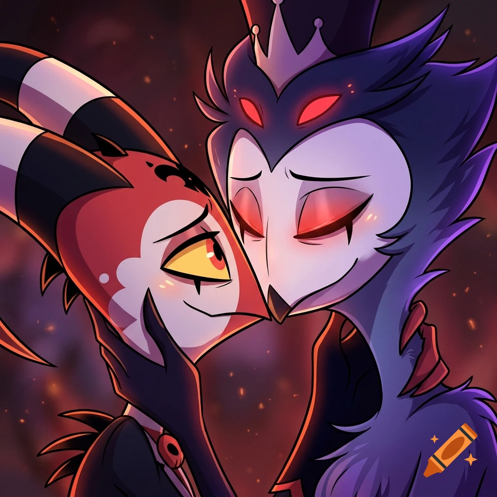 Close-up digital illustration of Blitzø and Stolas from Helluva Boss looking lovingly at each other.