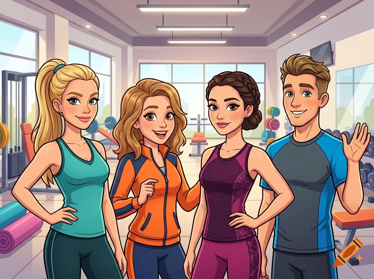 An illustrated group of four friends in a gym wearing workout clothes.