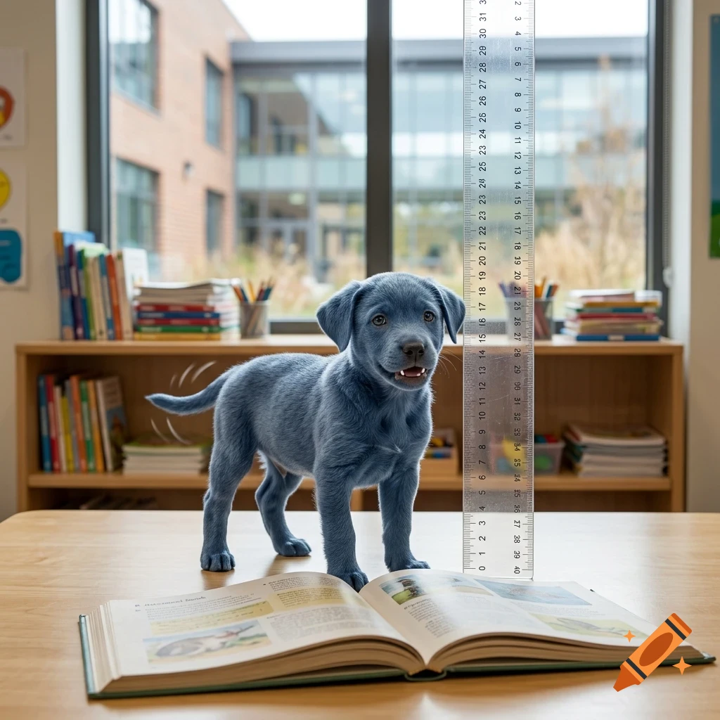 A blue puppy stands on a wooden desk next to an open book and a tall ruler, with a bookshelf and window in the background.