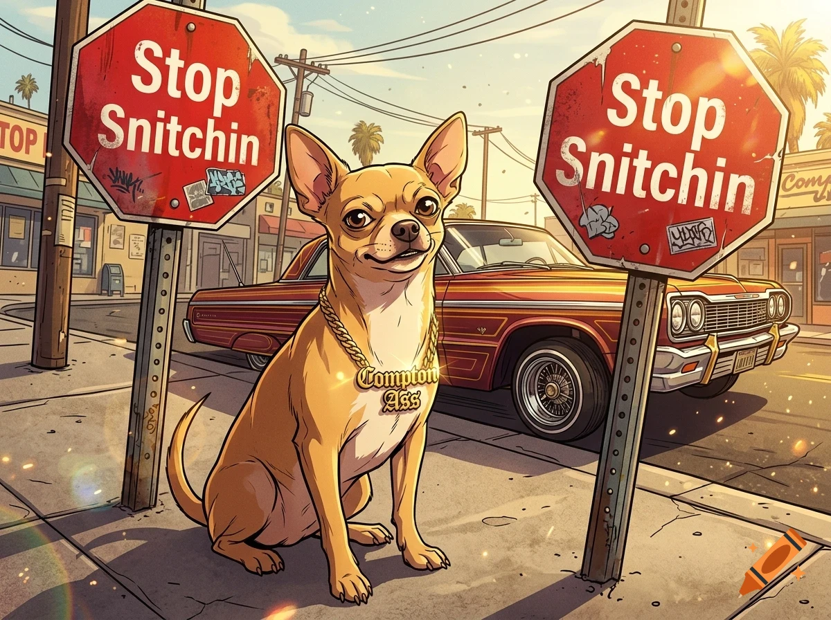 A chihuahua wearing a gold chain necklace sits on a sidewalk between two red signs that read 'Stop Snitchin', with a vintage car and city street in the background.