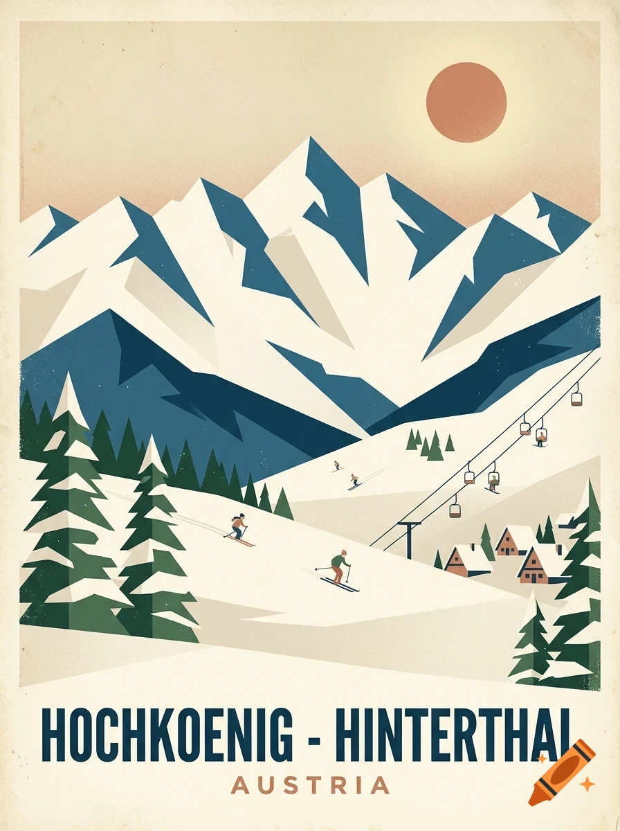 Vintage travel poster illustration of Hochkoenig Hinterthal in Austria featuring snow-covered mountains, skiers, pine trees, and a ski lift under a pale sun.