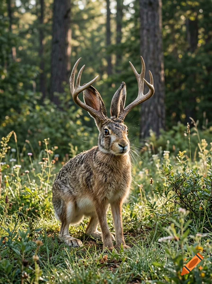 Photorealistic image of a jackalope with large antlers standing in a lush forest clearing among grass and wildflowers.