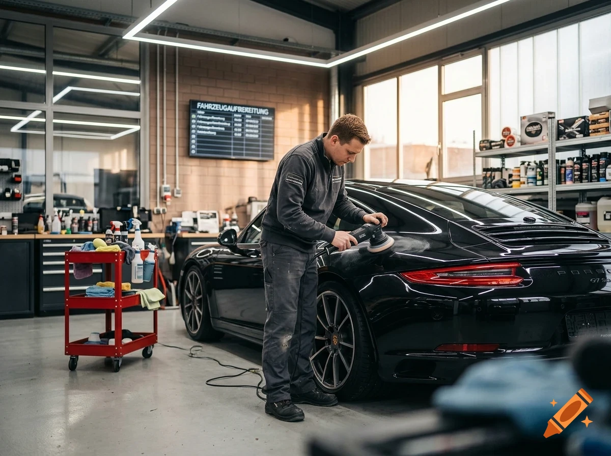 A mechanic uses an electric polisher on the rear quarter panel of a black sports car inside a bright workshop.