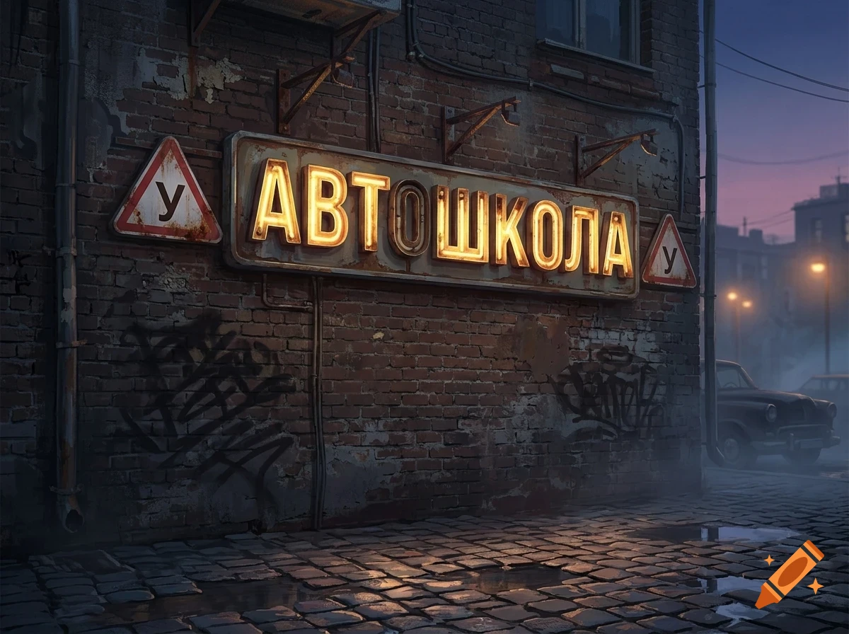 An illuminated vintage neon sign reading 'АВТОШКОЛА' mounted on a weathered brick wall of an urban street at dusk.