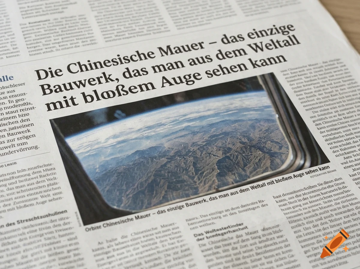 An open German-language newspaper featuring a headline about the Great Wall of China and an accompanying photograph taken from a spacecraft window showing Earth's surface.