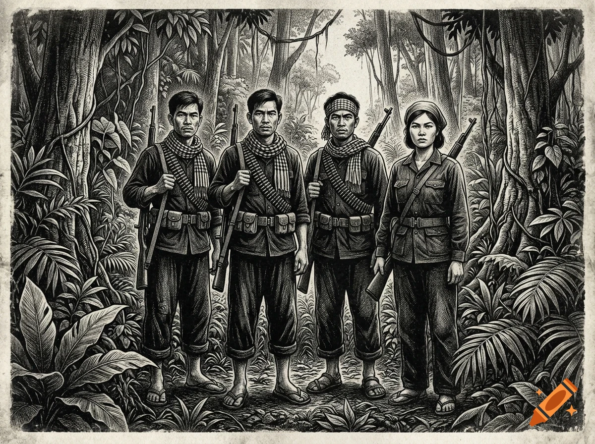 Monochrome illustration depicting four armed resistance fighters standing in a dense jungle.