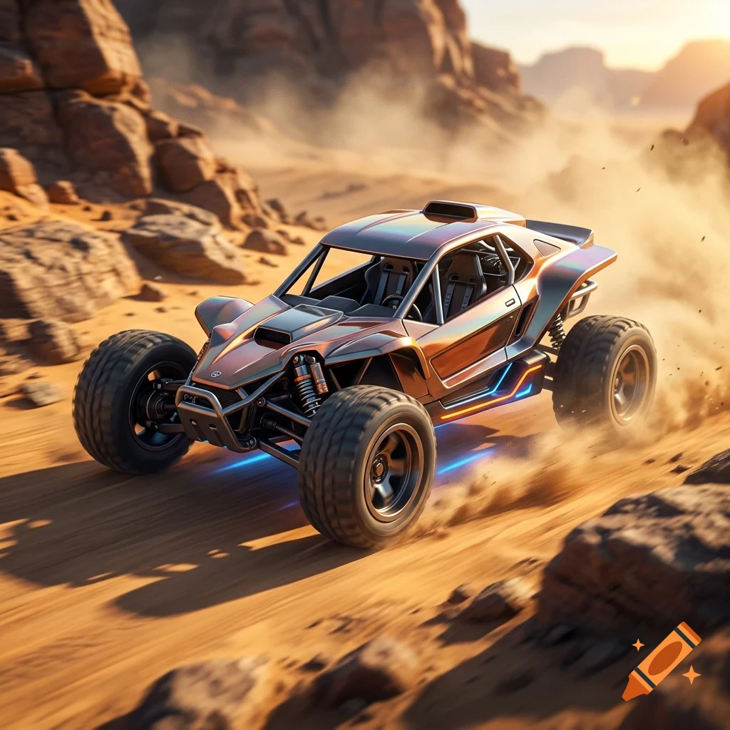 An off-road buggy drives through a dusty desert landscape with rocky terrain.