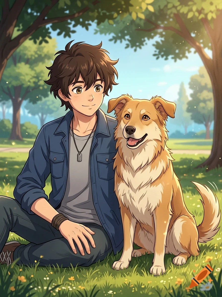 An anime-style illustration of a young man sitting on the grass in a park next to his friendly golden-brown dog.