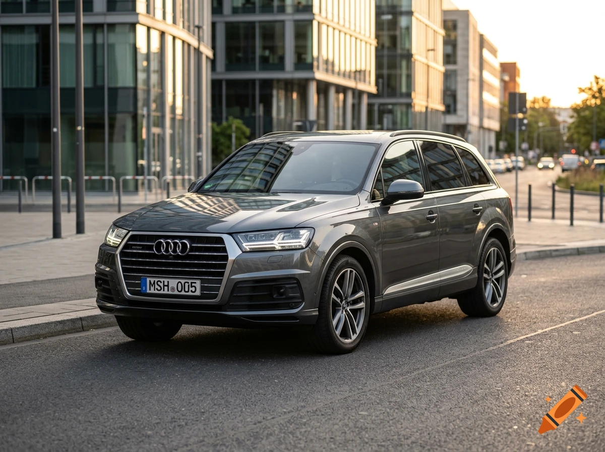 Photorealistic grey Audi Q7 parked on a modern city street at sunset.