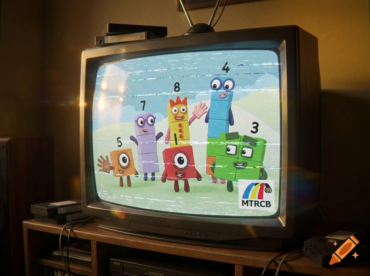 An old CRT television playing a cartoon show with block characters labeled with numbers.