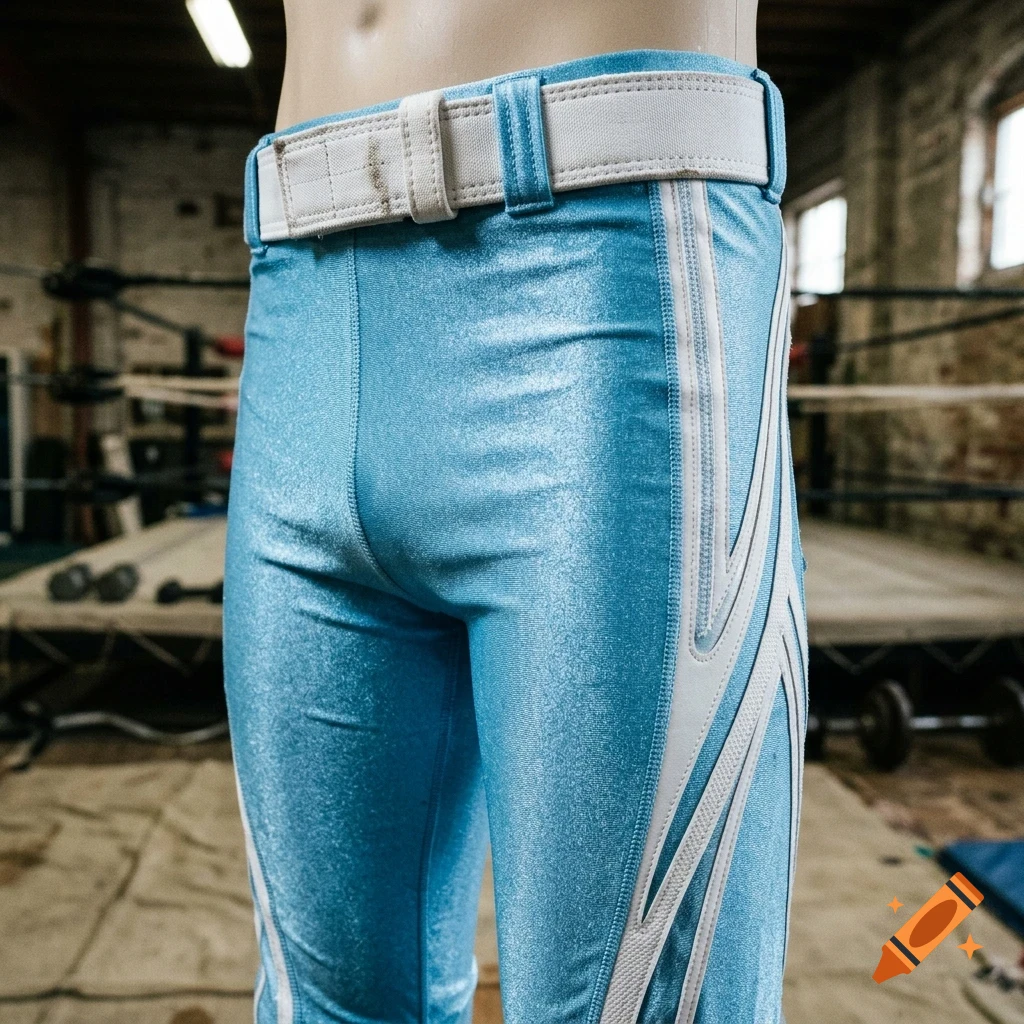 Close-up view of a person wearing metallic light blue pants with white side stripes and a white belt.