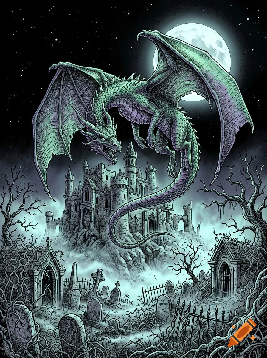 A detailed illustration of a green dragon flying over a spooky castle and graveyard at night under a full moon.