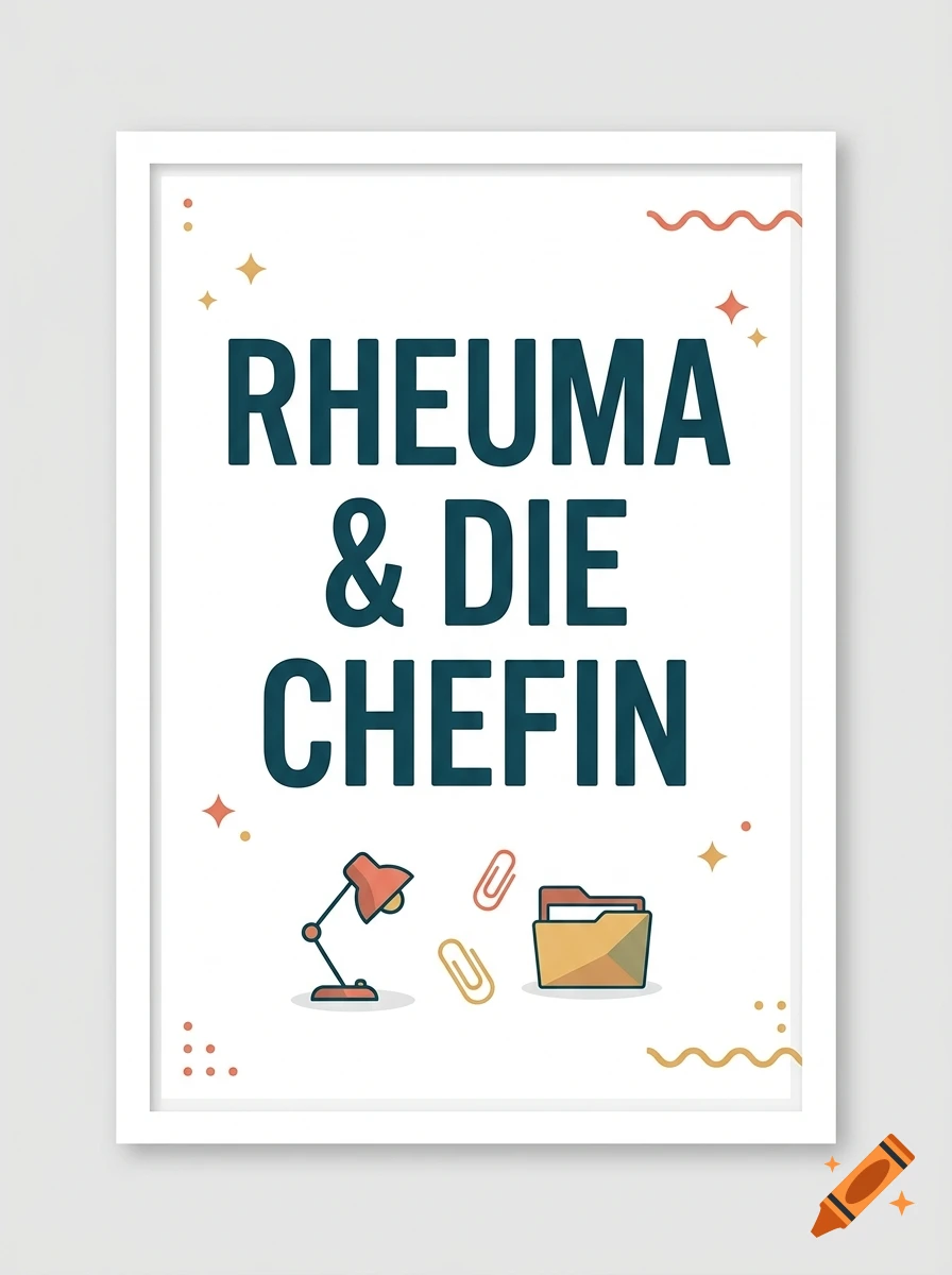 A framed poster featuring the bold lettering 'RHEUMA & DIE CHEFIN' in dark blue, surrounded by small office-related illustrations including a desk lamp, paperclips, and a folder.