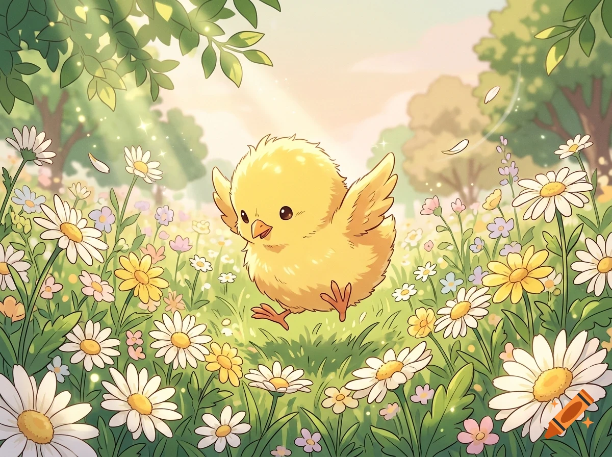 A fluffy yellow chick running through a sunny meadow filled with daisies and wildflowers under a warm sunbeam.