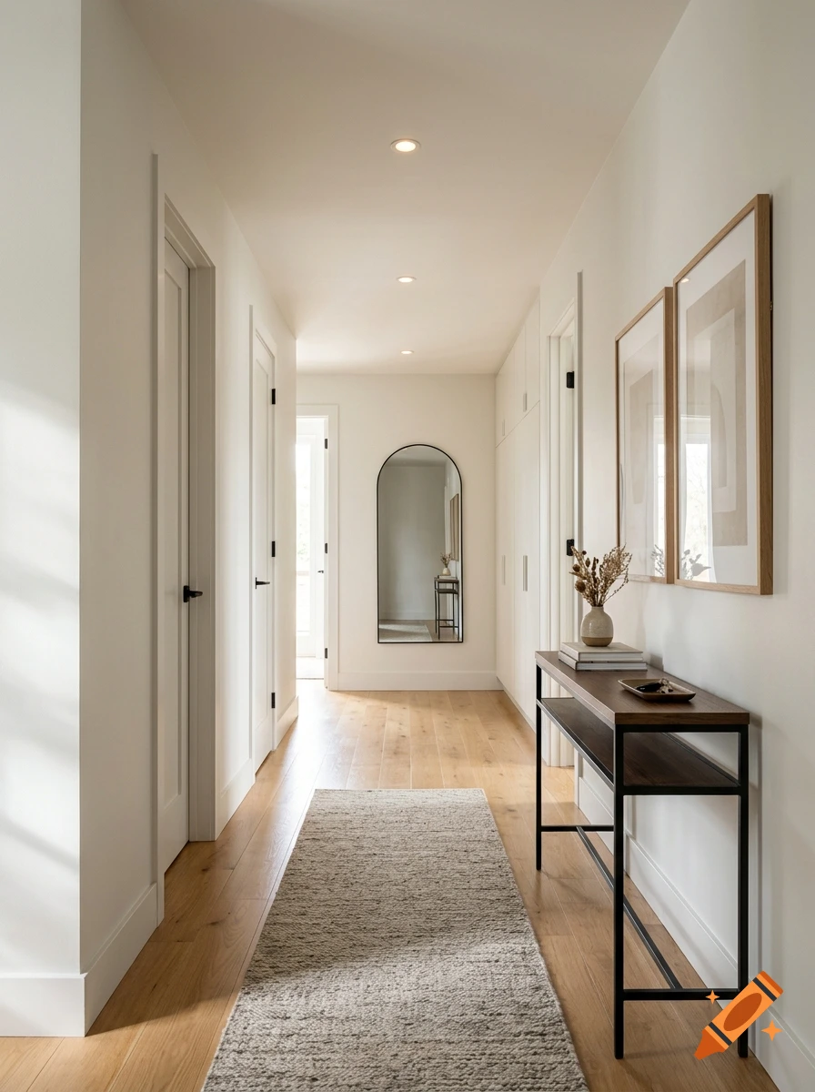 Photorealistic modern hallway with light walls, wooden floor, a console table with decor, and framed art.