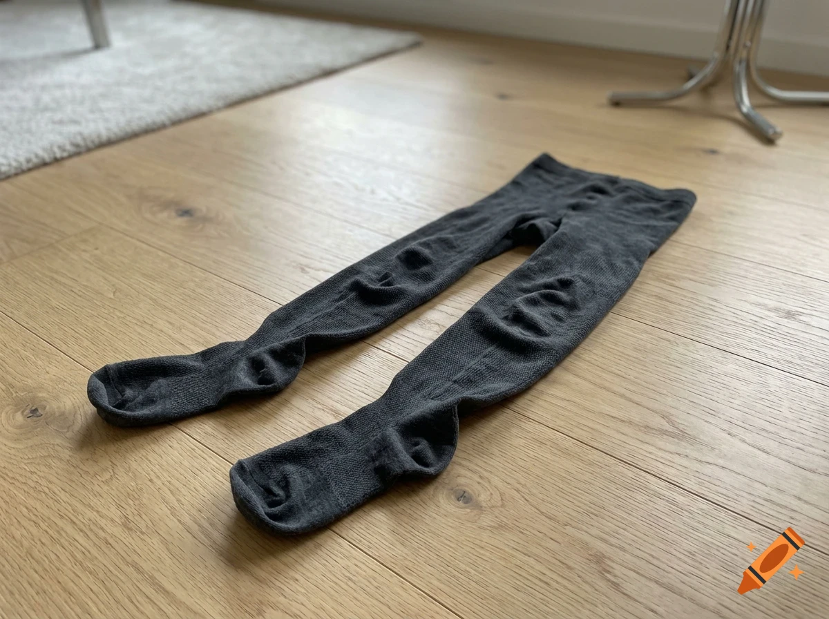 A pair of dark grey children's tights lying flat on a wooden floor.