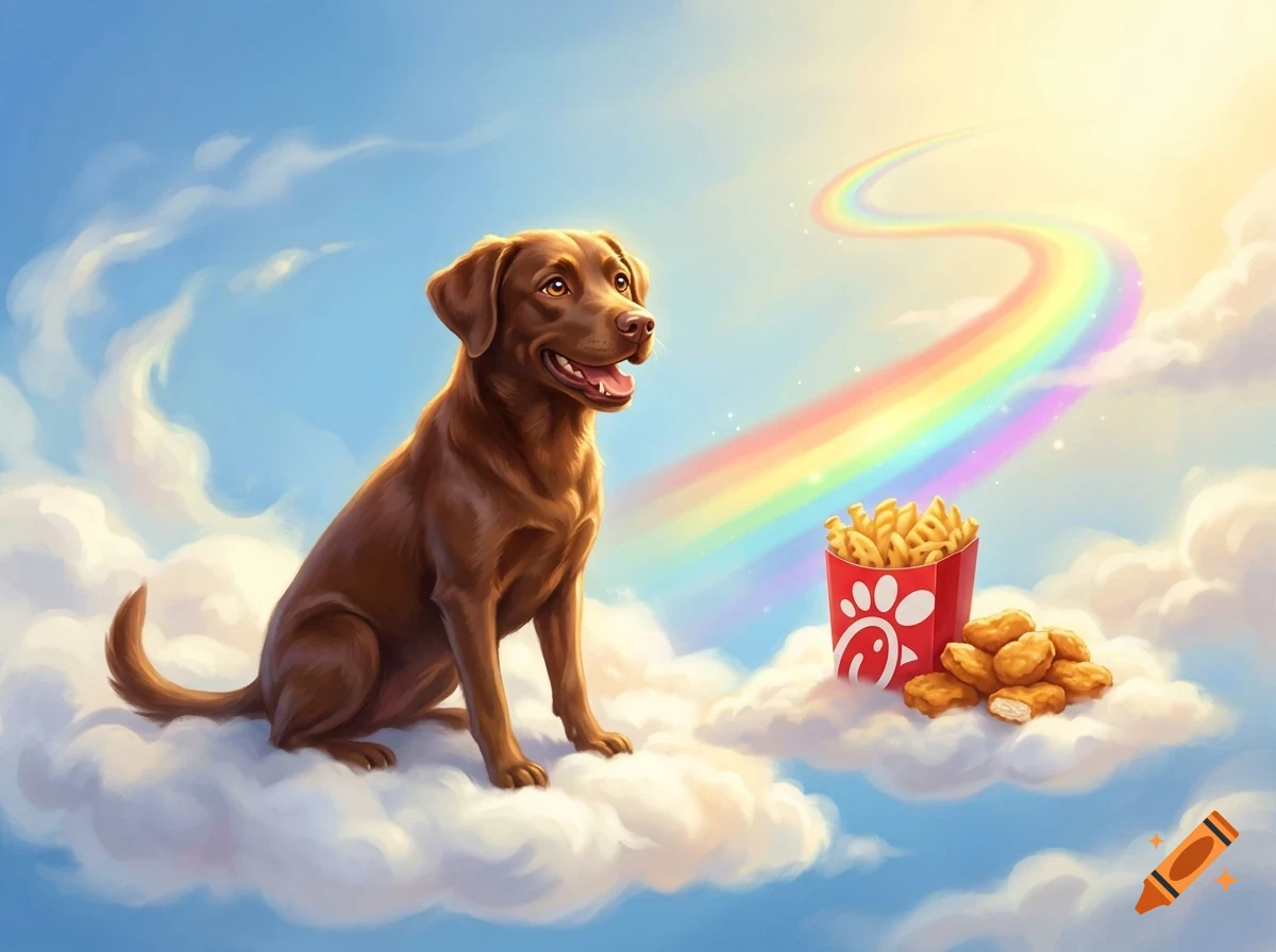 A happy chocolate Labrador retriever sitting on a cloud in the sky with a rainbow, french fries, and chicken nuggets.