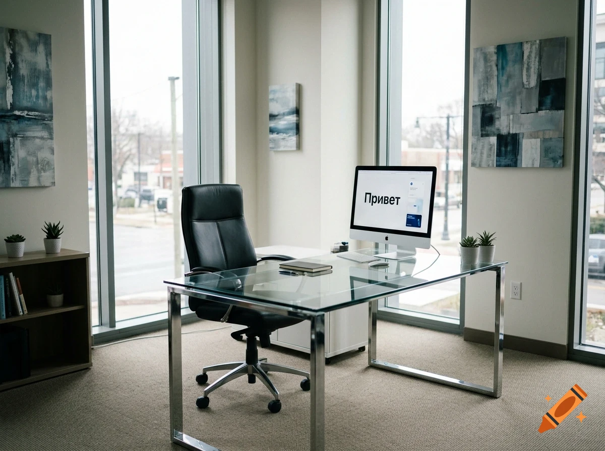 An office interior with a glass desk, a black leather chair, a desktop computer, and large windows.