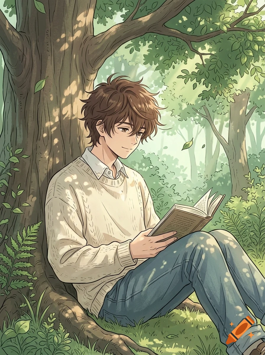 A young man with brown hair sitting and reading a book under a large tree in a forest.