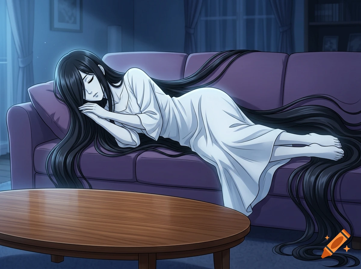 Anime style illustration of a J-horror ghost woman with extremely long black hair sleeping on a purple couch.