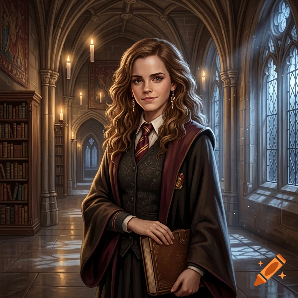 A young woman with long wavy brown hair, wearing a school uniform and robes, stands inside a gothic stone library holding a book.