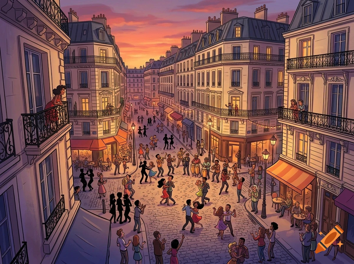An illustrated city street scene at dusk with people dancing and playing music among classic European-style buildings.