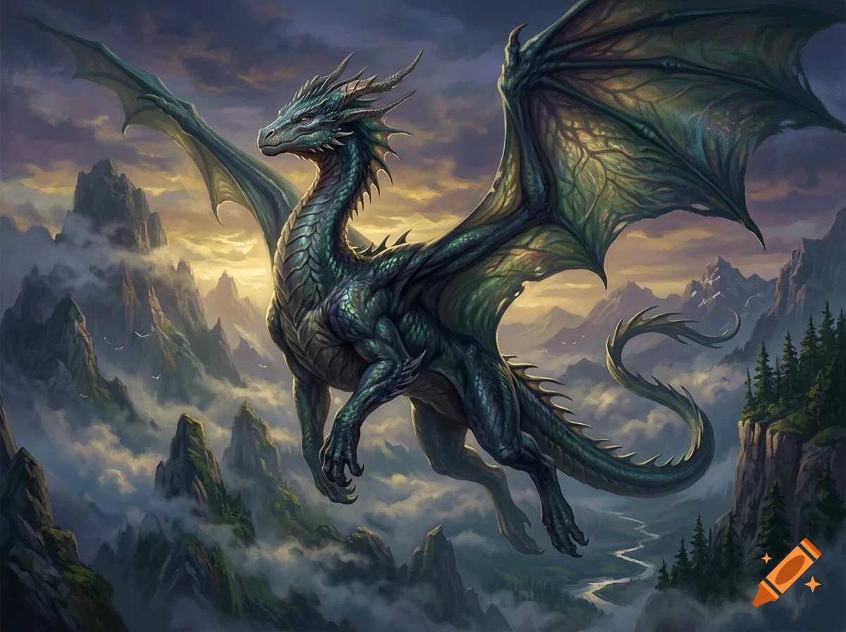 A detailed digital painting of a large, scaled green dragon flying over a mountainous landscape with mist and a sunset sky.