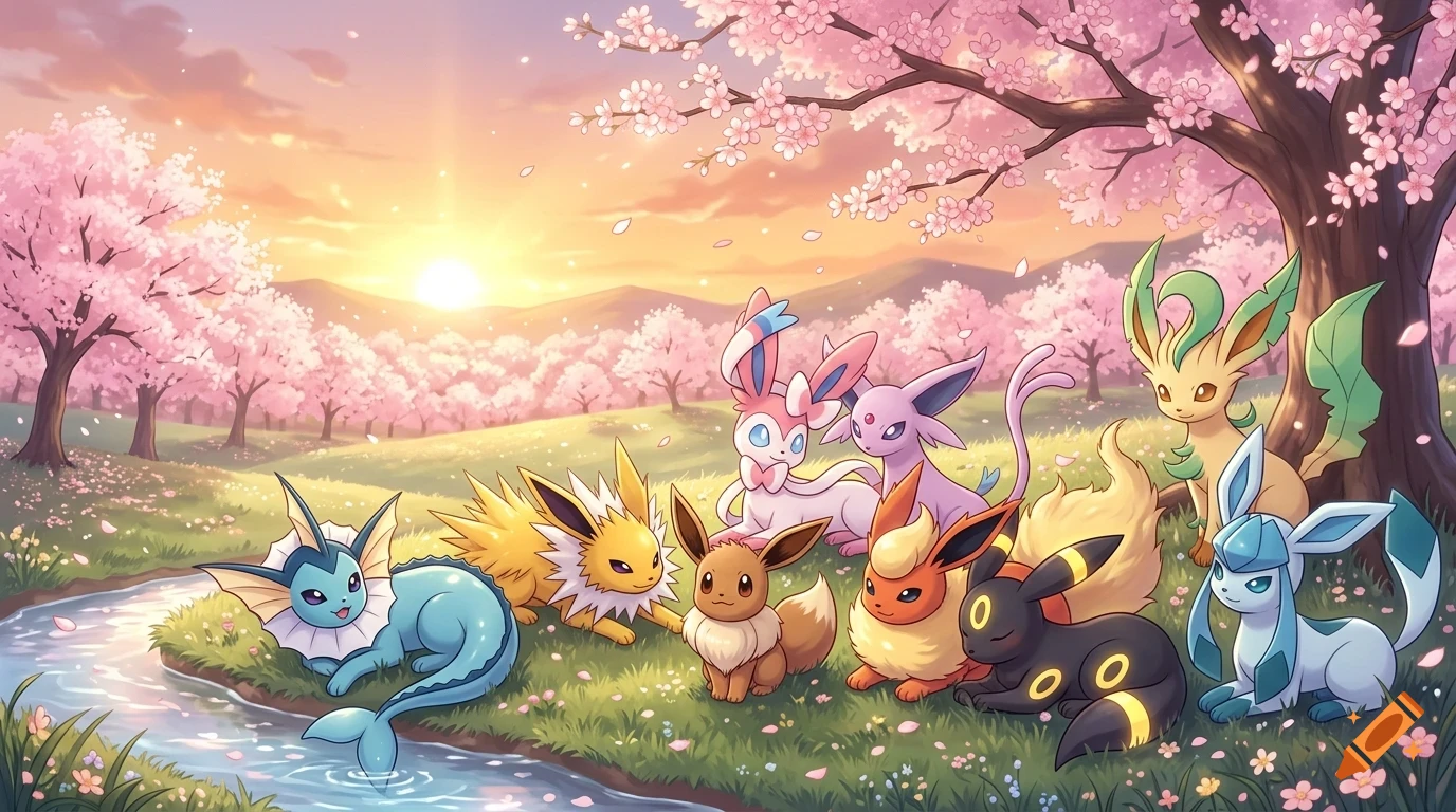 An anime-style digital illustration of Eevee and its evolutions resting in a grassy meadow under blooming cherry blossom trees at sunset.