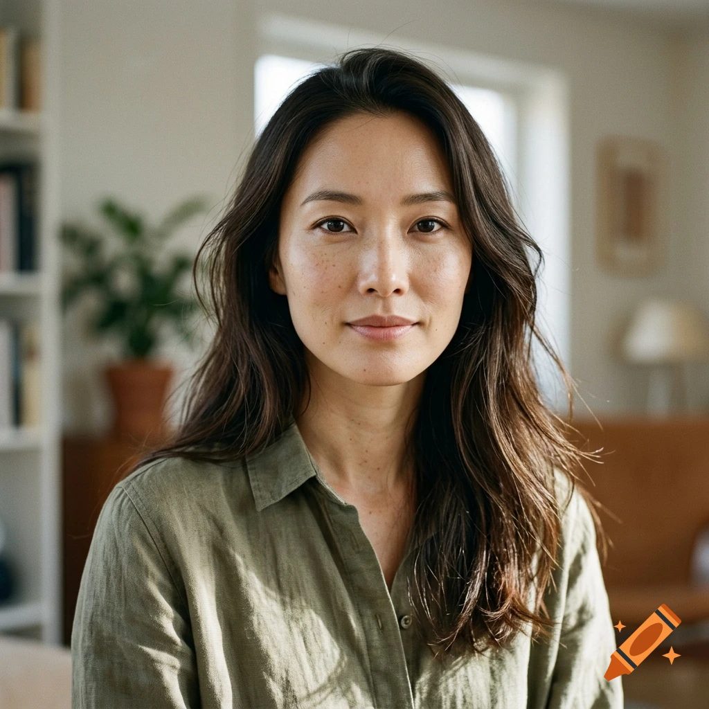Photorealistic portrait of a woman with dark hair and freckles in a bright room.