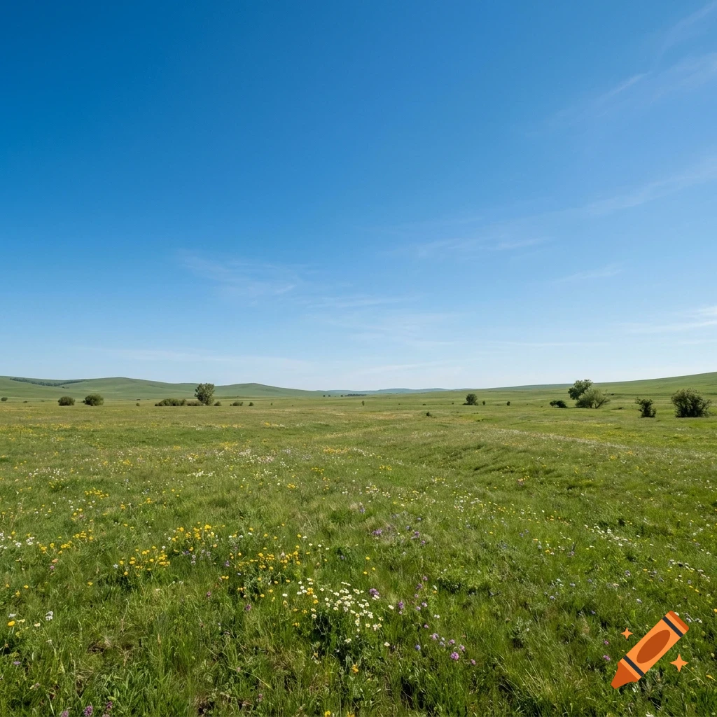 A wide view of a green grassland under a clear blue sky, with scattered wildflowers and distant low hills.