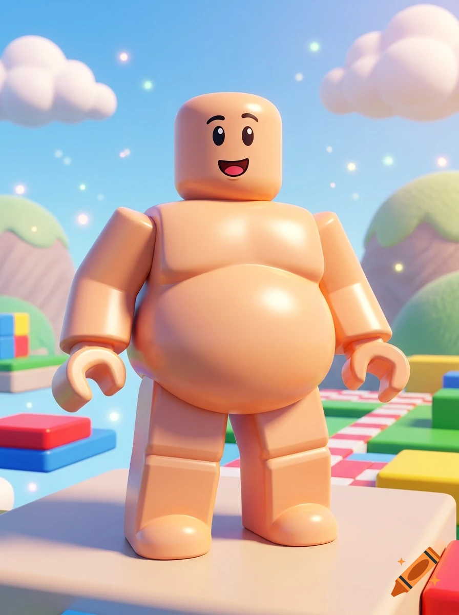 3D render of a hairless, shirtless Roblox character with a round belly standing on a platform against a blue sky with clouds.