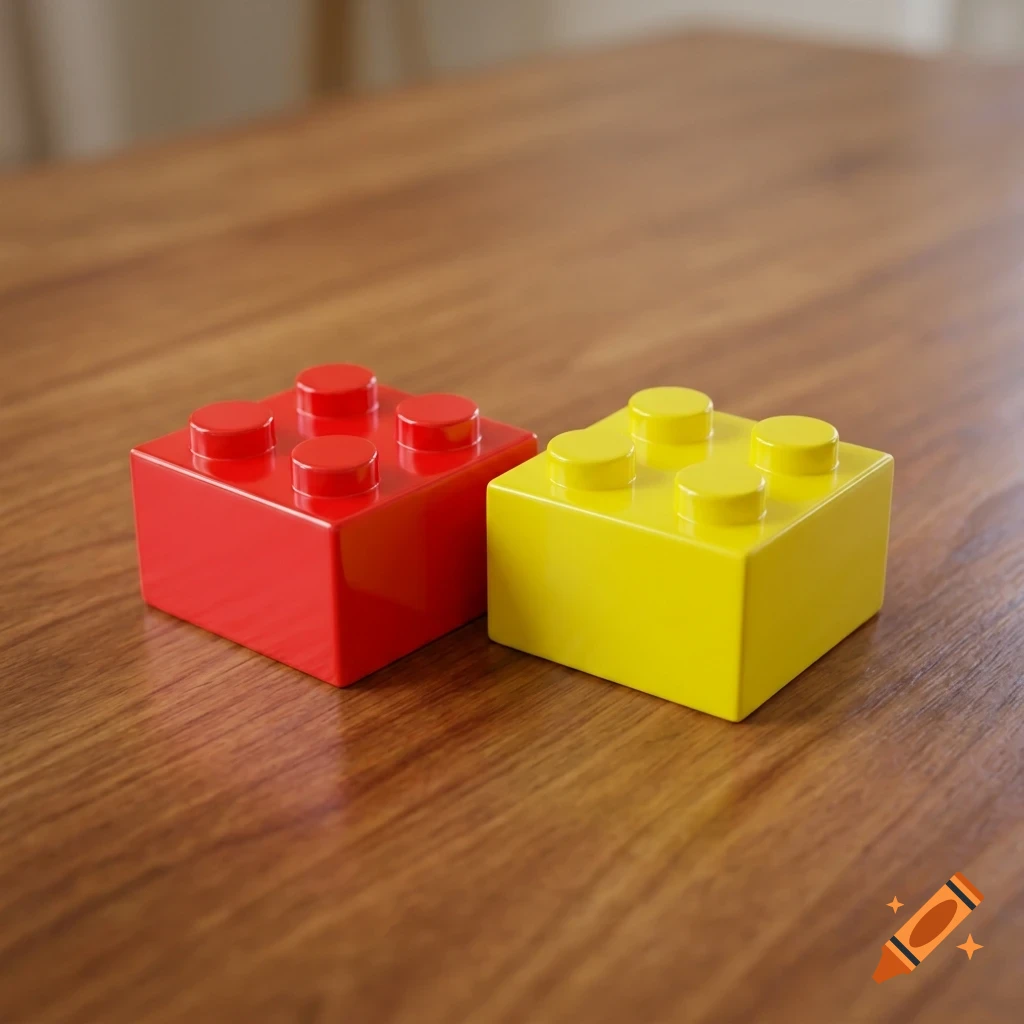 A red toy building block and a yellow toy building block sit side by side on a wooden table.