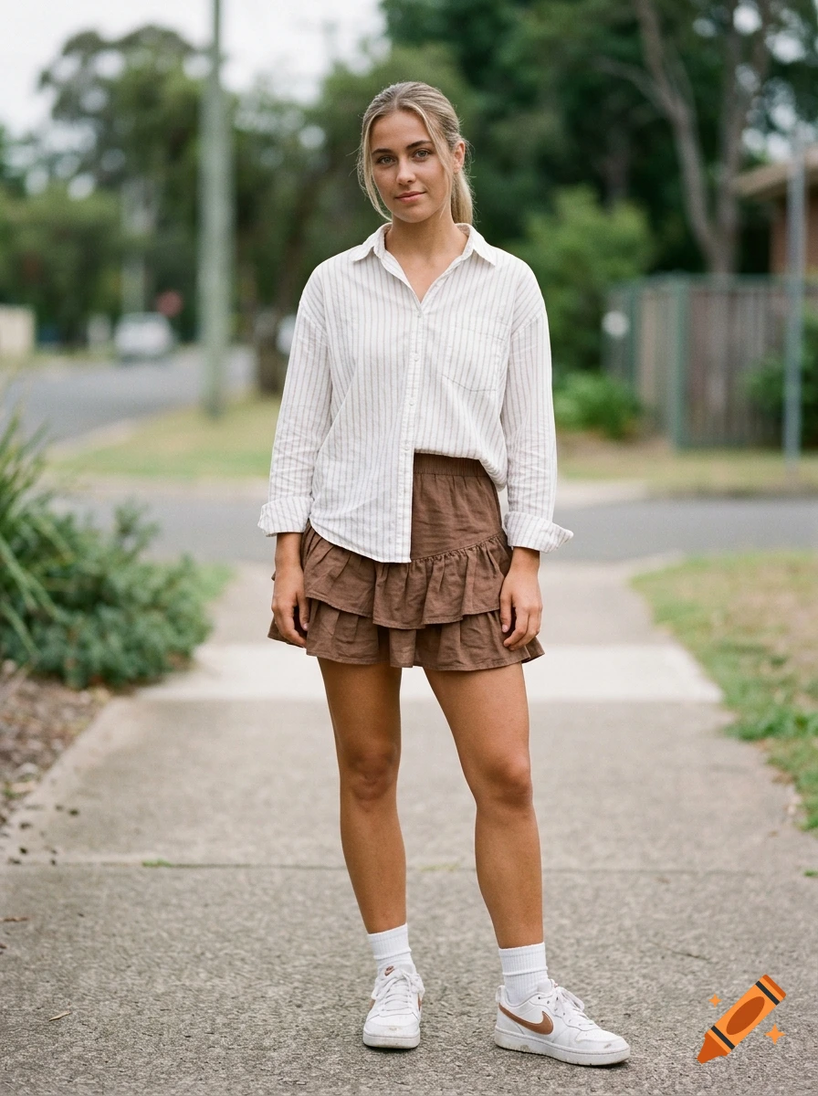Photorealistic full-length portrait of a blonde woman in a ponytail, wearing a striped button-down shirt, brown ruffled skirt, and white sneakers, standing on a suburban sidewalk.