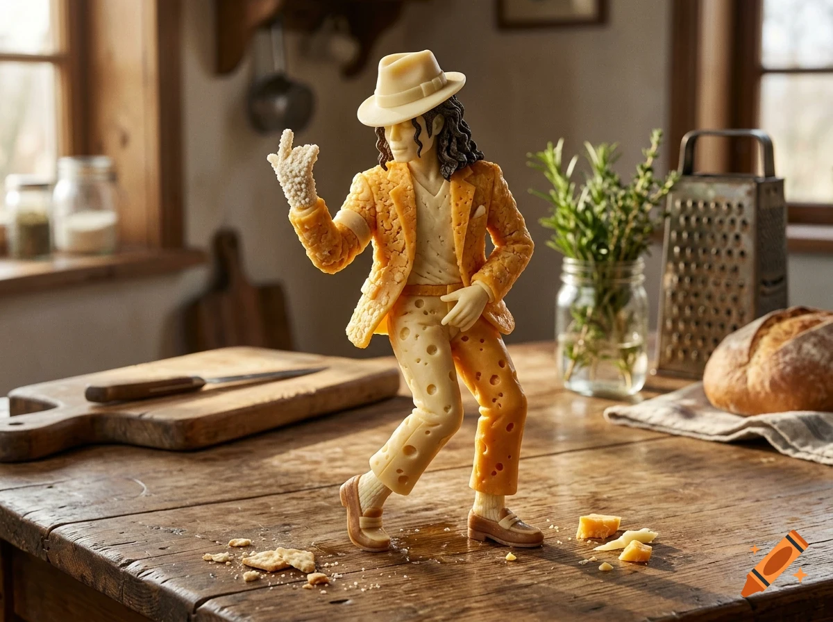 A detailed sculpture of a dancer in a suit made entirely of various cheeses, posed dynamically on a wooden kitchen table.