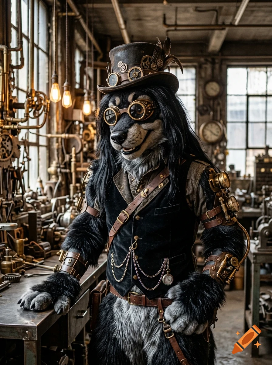 An anthropomorphic dog in steampunk attire with goggles, top hat, and mechanical gadgets stands inside an industrial workshop filled with tools.