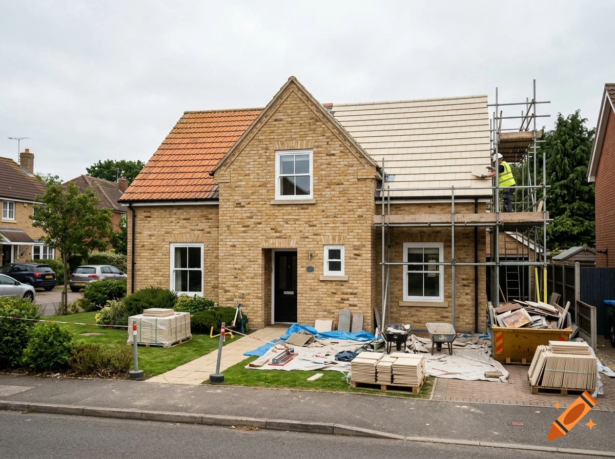 Photorealistic image of a semi-detached brick house undergoing roof renovation with scaffolding on one side and roof tiles being replaced.